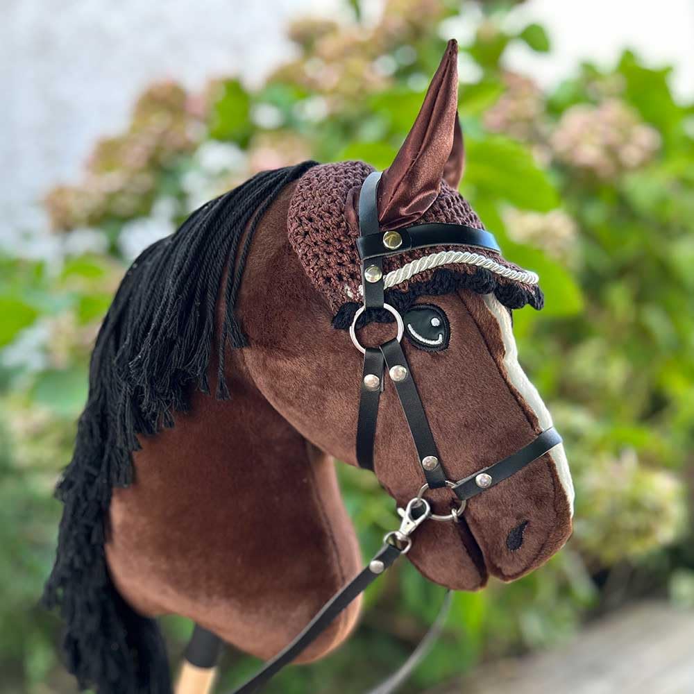 Hobby Horse A3 Braun mit schwarzer Mähne. Steckenpferd Komplettes Zubehör-Set: Halfter, Gebiss, Zügel, Halfter, Longe und braune Haube. Pferdekopf-Steckenpferd für Hobby Horsing Kinder und Jugendliche