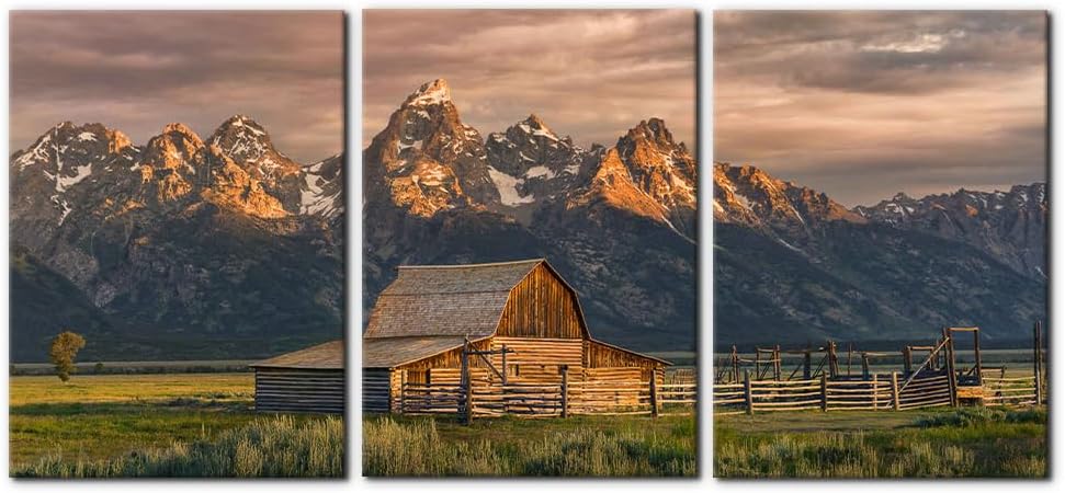 Country Paintings for Wall Grand Canyon Picture Art Nature Landscape Artwork 3 Pieces Log Cabin Modern Wall Art Giclee Home Decorations for Living Room Framed Ready to Hang - 20"x28"x3 Panels Wallart-11 20" x 28" x 3 Panels