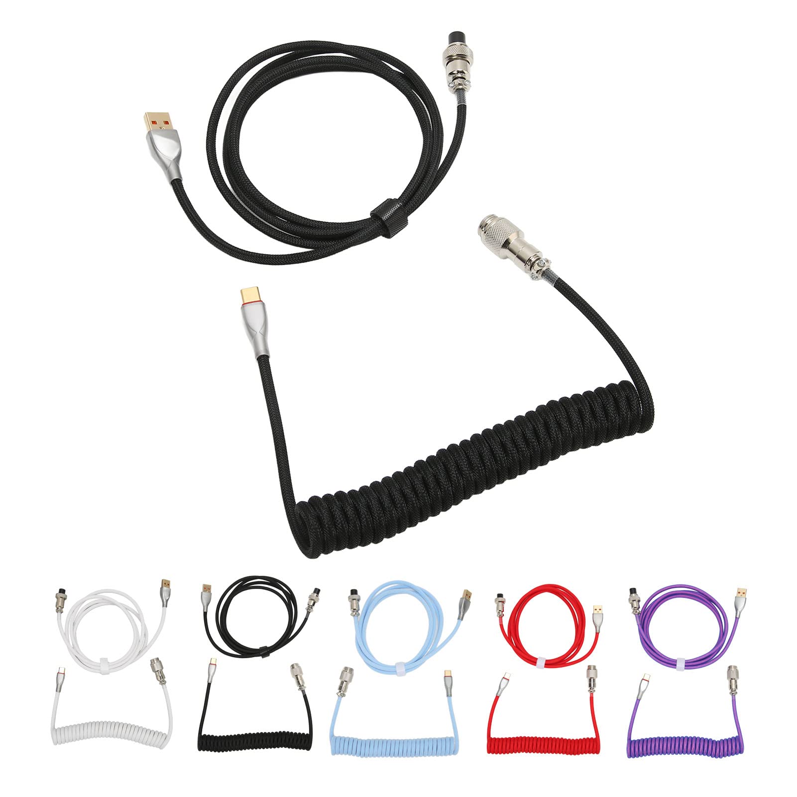 GOWENIC Mechanical Keyboard Aerial Connection Cable for Gaming Keyboards, Custom Coiled USB C Cable, Dual Sleeve Mechanical Keyboard Cable with Removable Metal Pilot USB C to USB A(Black)