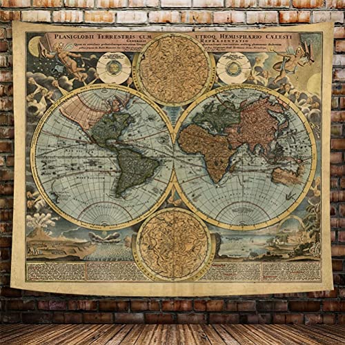 Arazzo vintage con mappa del mondo, antica mappa nautica del mondo, arte da parete, arte storica dell'atlante geografia, arazzo retrò da appendere alla parete per camera da letto soggiorno dormitorio,