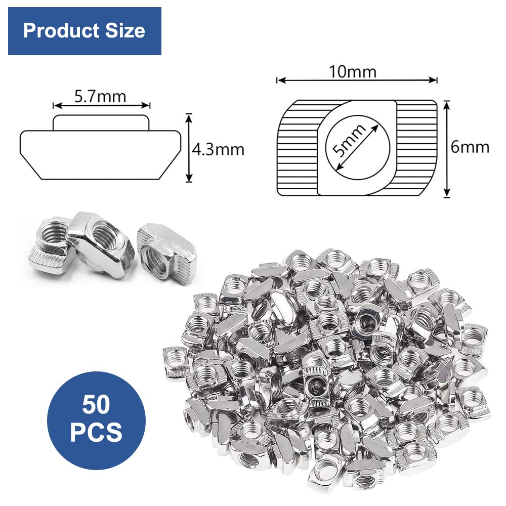 Dadi, 50 Pezzi Dado a T-Scanalatura, 2020 T Scanalatura Dado M5 in Acciaio al Carbonio, Dado a Testa Martello, Dado con T Nuts Scorrevole per Profilato in Alluminio, Mobili Ecc (EU20-M5 10 x 6)