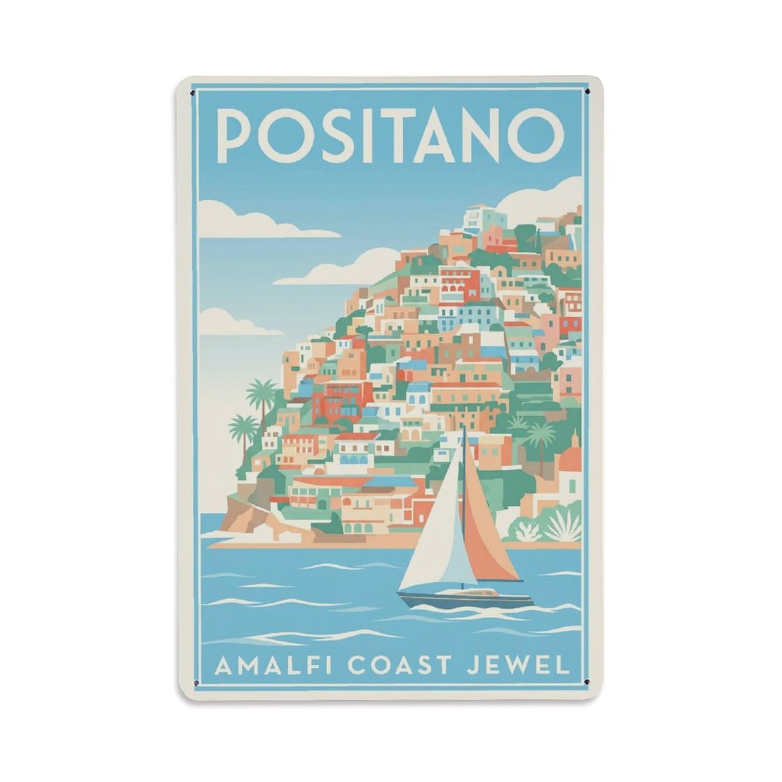Vintage Travel Positano Italy Backpacker Metal Tin Sign Plaque Wall Decor for Cafe, Club Bar, Office, Garden Metal Poster 8x12Inch