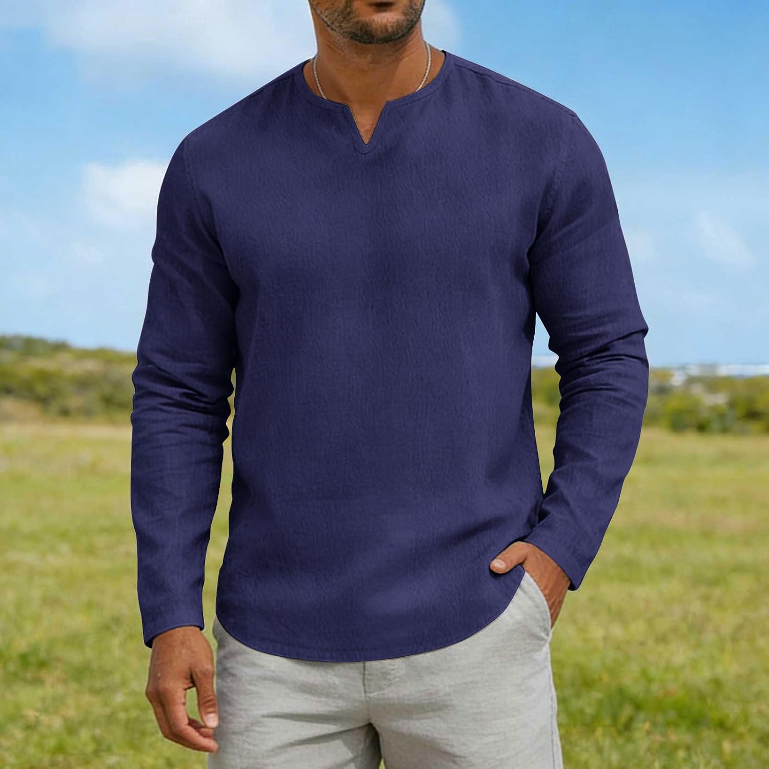 Mens Cotton Linen Henley Shirts V Shirts Long Sleeve Gauze T-Shirt Solid Color Casual Dress Tops for Work Beach Vacation