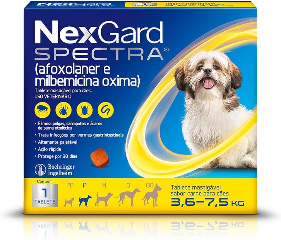 NexGard Spectra Antipulgas e Carrapatos e Vermífugo para Cães de 3,6 a 7,5kg - 1 tablete