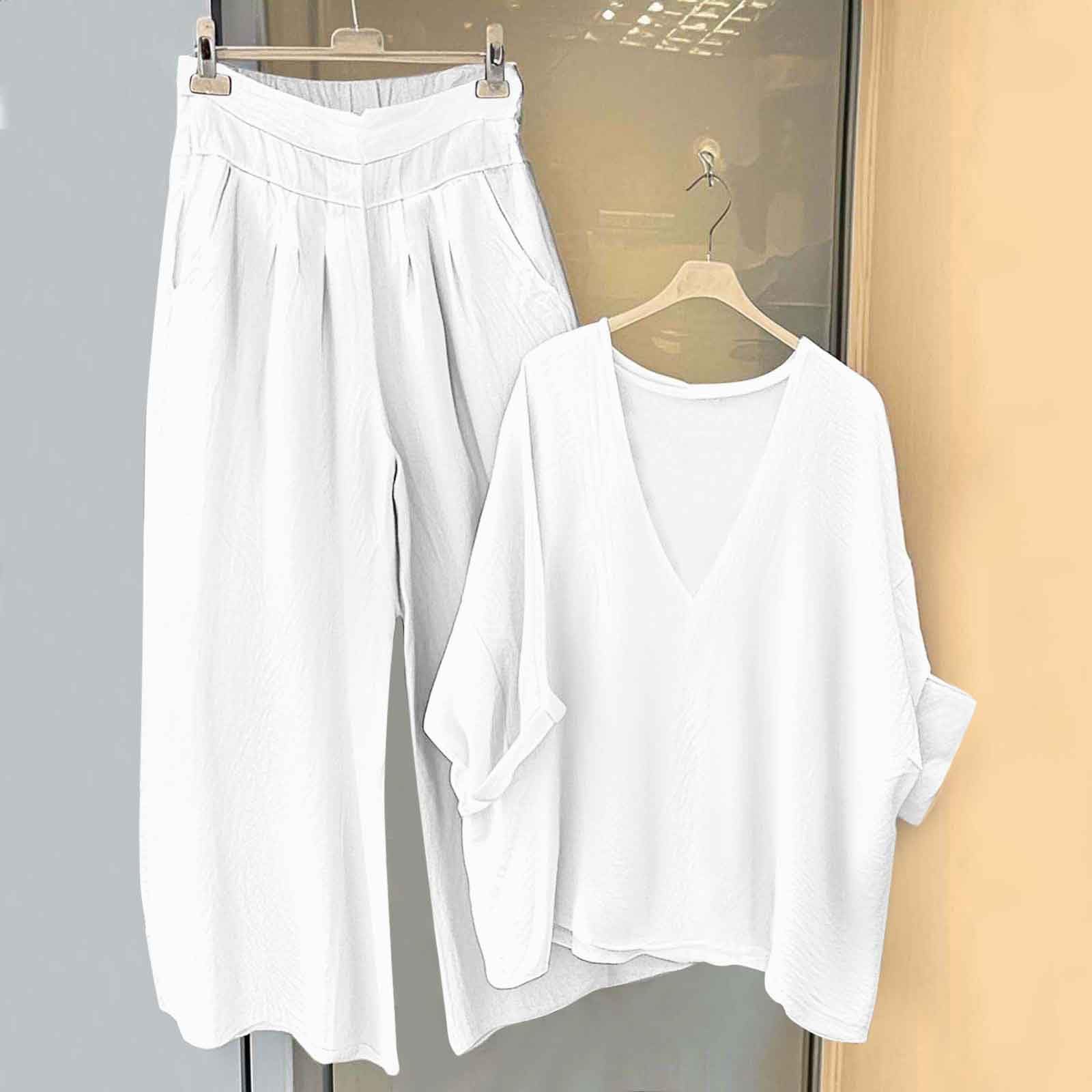 Ensemble en Lin Femme 2 Pièces Survêtement Coton et Lin Ete Chic Elegant Grande Taille Tunique + Pantalon Large Décontracté Vetement de Sport Jogging Respirant Affaires Outfits Suit de Plage Pas Cher