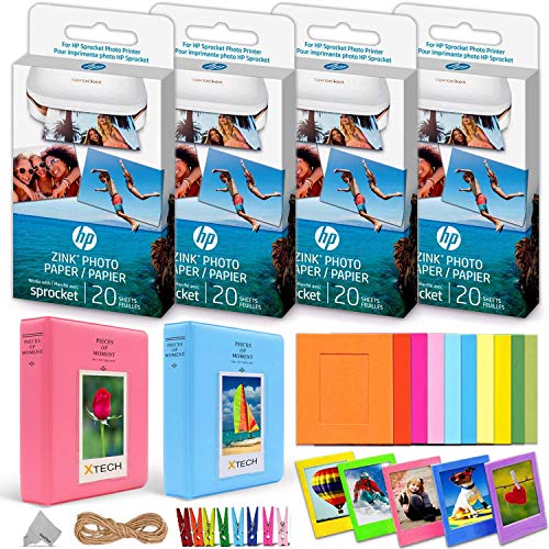 4 Pack HP Sprocket Photo Paper (80 Sticky-Backed Sheets Total) + Accessories Kit for HP Sprocket Portable Photo Printer, 2 Photo Albums, 10 Paper Frames, 10 Plastic Frames, Hanging Clips/String