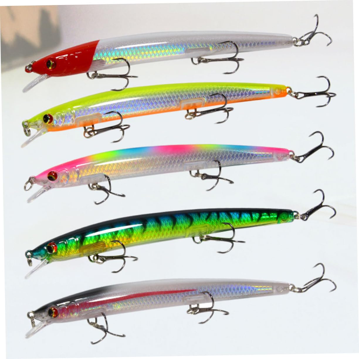 Mipcase 15pezzi Esche Galleggianti da Pesca Esche Artificiali Colorate con Testa Nera e Striscia Rossa Dorso Giallo Motivo Verde e Rosso per Appassionati di Pesca