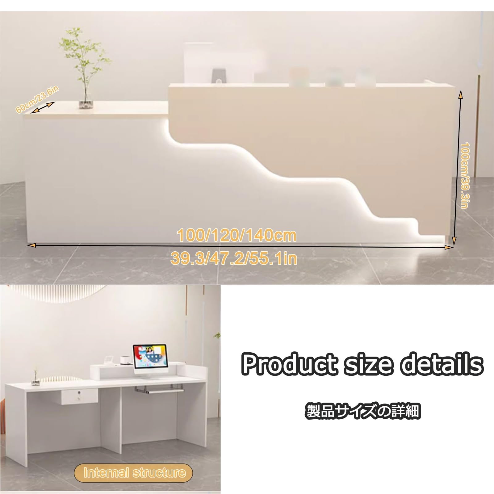 Moderne Rezeption，Rezeptionstheke Ladentheke，Rezeptionstheke Tisch，Laden-Theke，Verkaufstheke，Verstärkte Platte, Stärkere Tragfähigkeit, Große Speicherkapazität(White and Wood,Right_100CM)