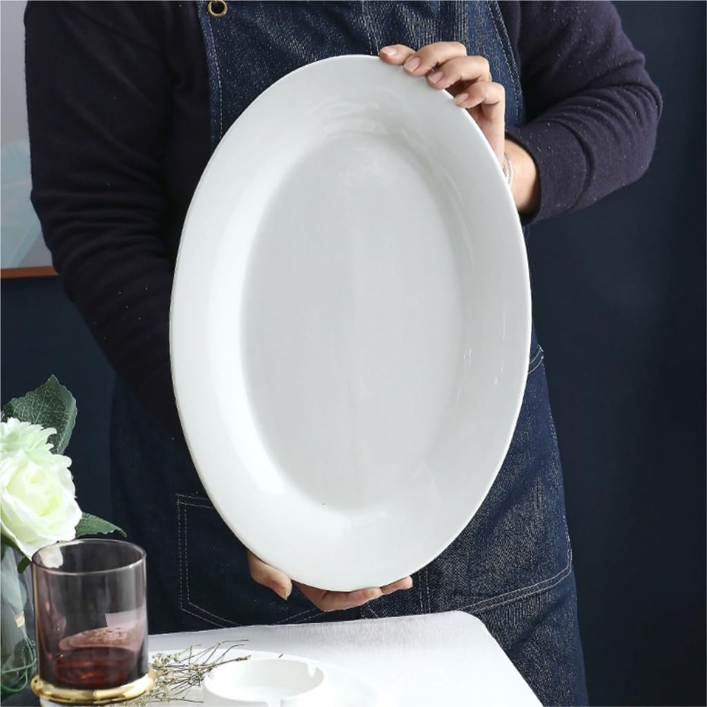 ENGENDER Fruttiera Piatto da Pesce for Uso Domestico in Ceramica Bianca Pura, Ovale, al Vapore Cestino per Frutta(A-8.26in)