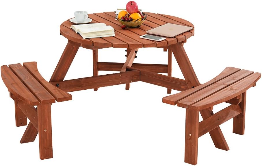PananaHome 6 Seater Pine Round Wooden Picnic Table and Bench Garden Furniture Set Outdoor Patio Park