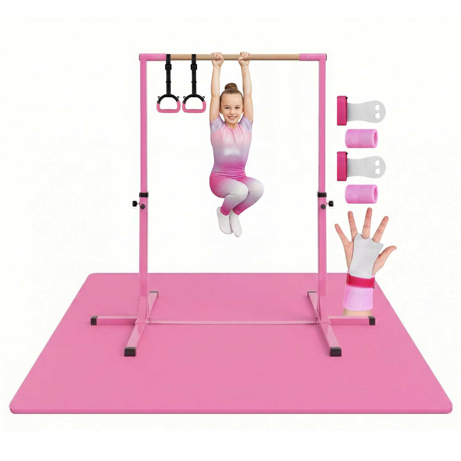 Original Cup Kids Gym Set Pink | Gymnastics Mat 200x140x1 cm + Adjustable Gym Bar 90–150 cm + 2 Gym Rings | Home Fitness Training Yoga Balance Gymnastics Non Slip Indoor Outdoor | Aerobik