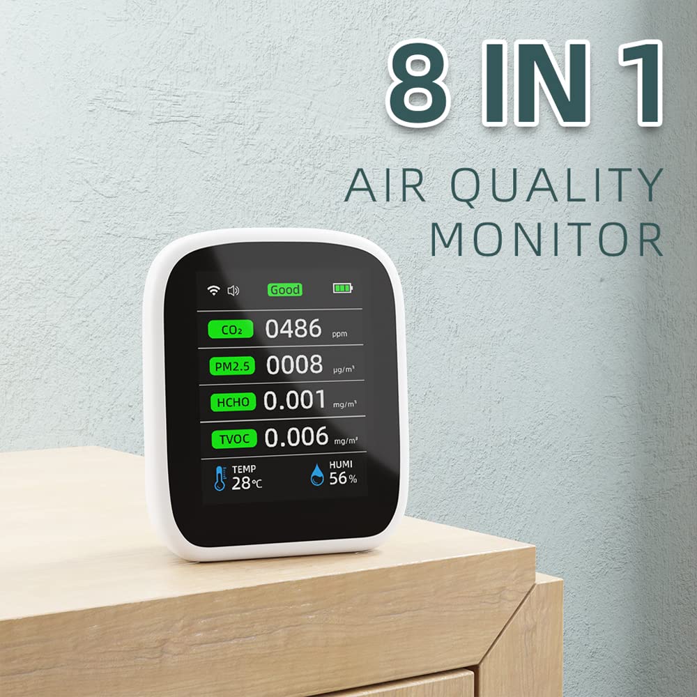 Monitor Jakości Powietrza Bardzo Dokładne Czujniki, Tester Jakości Powietrza 8 w 1 z Wi-Fi, Duży Kolorowy Wyświetlacz LCD do Domowego Biura, Czujnik Dwutlenku Węgla na