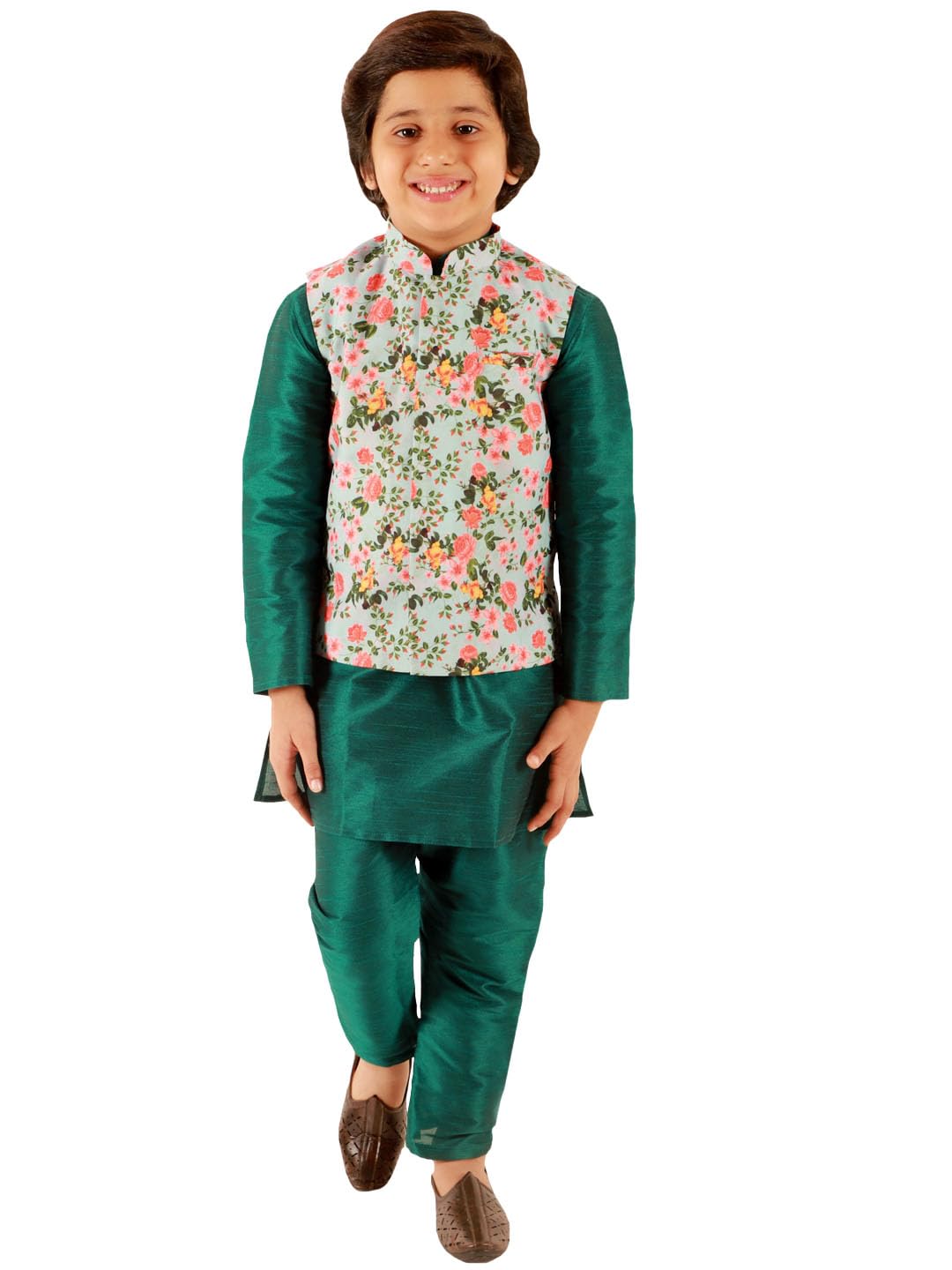 Jbn Creation Boys Silk Blend Green Dupian Silk Kurta, Pyjama And Floral Printed Nehru Jacket Set (B693)