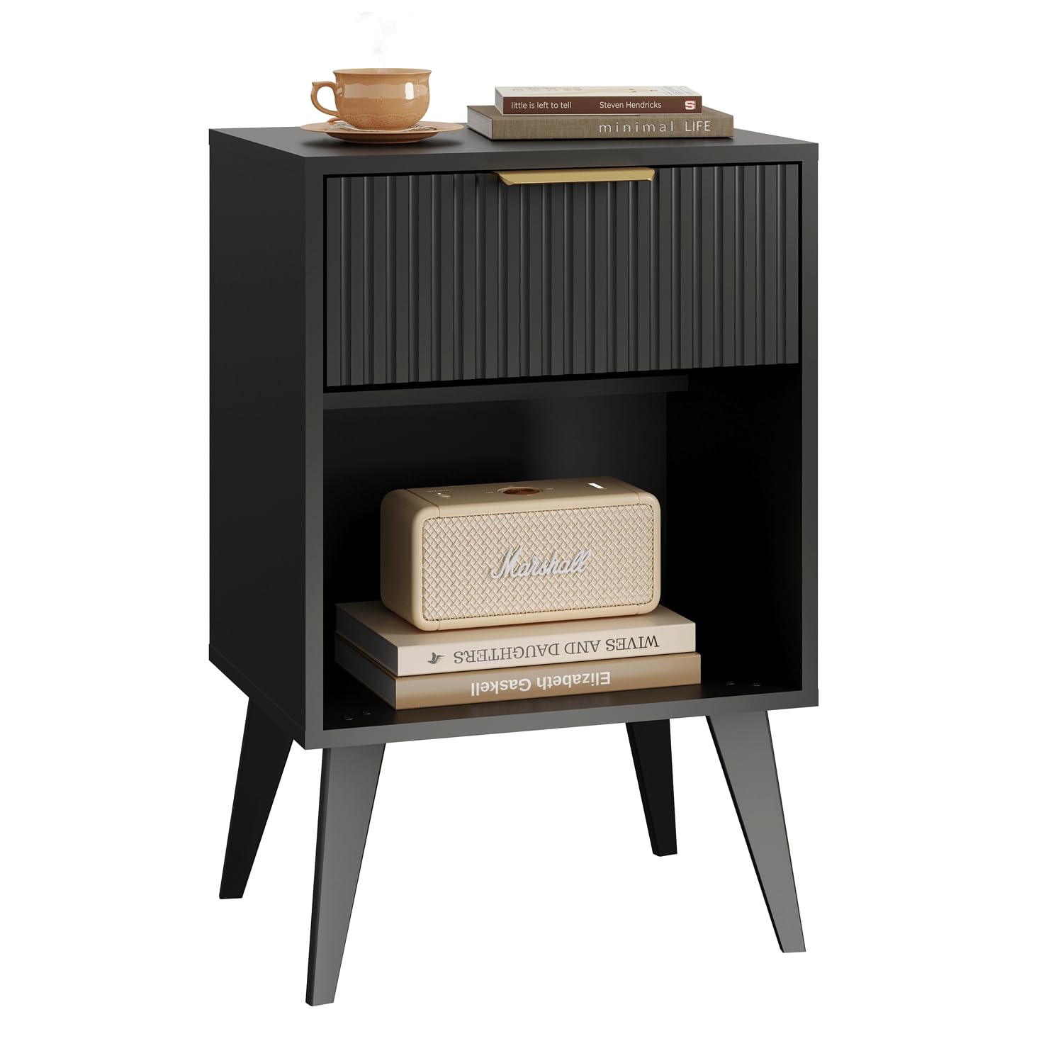 Fluted Night Stand with Opening Storage,Mid Century Bedside Table with Drawer,Modern Nightstand with Solid Wood Legs,End Table Side Table for Living Room,Bedroom,Black CAACTG56BK