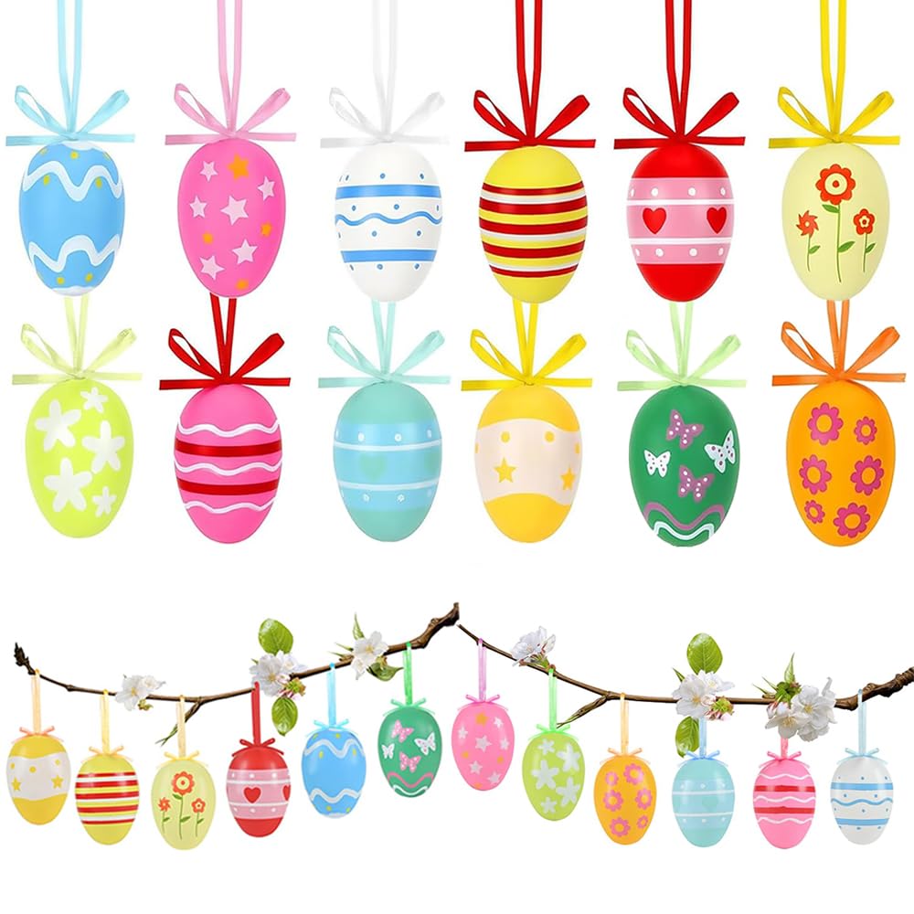 12Pcs Easter Hanging Eggs, Easter DIY Multicolored Egg Decorations for Tree, Easter Egg Hanging Ornaments, Colorful Decorative Eggs for DIY Crafts Party School Office Home Spring Decor Easter Gifts