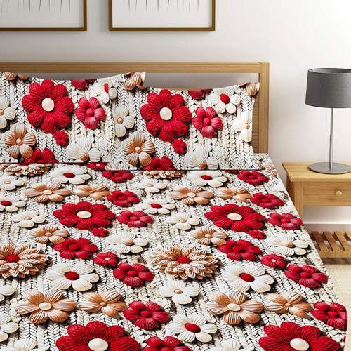 Image of 350 TC Premium Heavy Cotton 7D Print Fast Colour Feel Elastic Fitted Floral Bedsheet Double Size(72 X 72 X 8) with 2 Pillow Covers Size(17 x 27) Double Bed (Double 72x72) (Red)