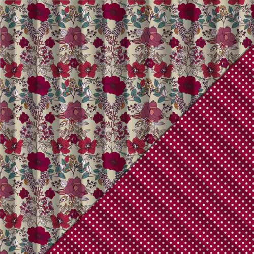Tissu Matelassé réversible Rosalie fleurs vintage Bordeaux et pois écru - Par 50 cm