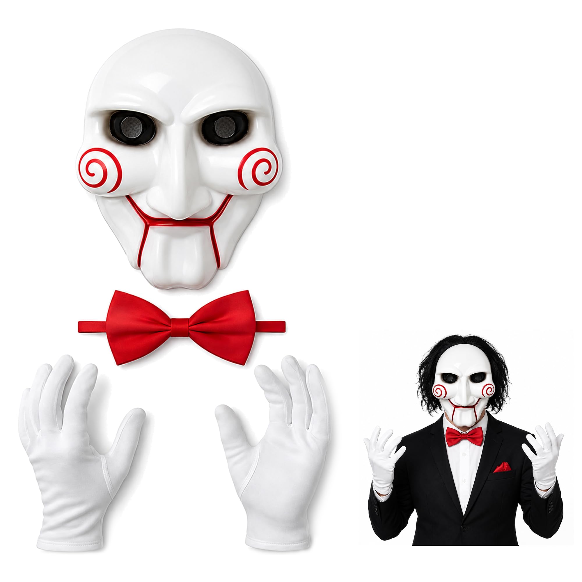 Lizzy | Adult Scary Clown Puppet Costume Accessories | Horror Mask, White Gloves, Red Bow Tie | Lightweight, Comfortable, Reusable | Creepy Halloween Fancy Dress for Parties