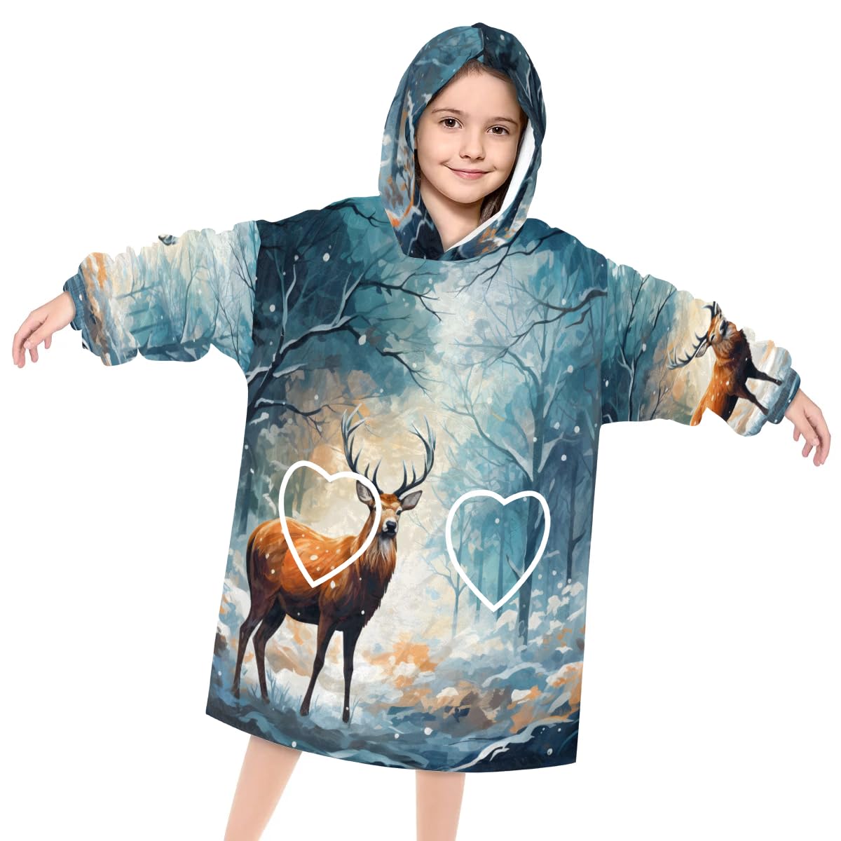 Pardick Wearable Blanket Hoodie for Kids, Timid Deer Fleece Sweatshirt Blanket Oversized Blanket Sweatshirt with Pocket Flannel Warm Hooded Blanket 6-10 Year Old Girl Boy Gift, One Size