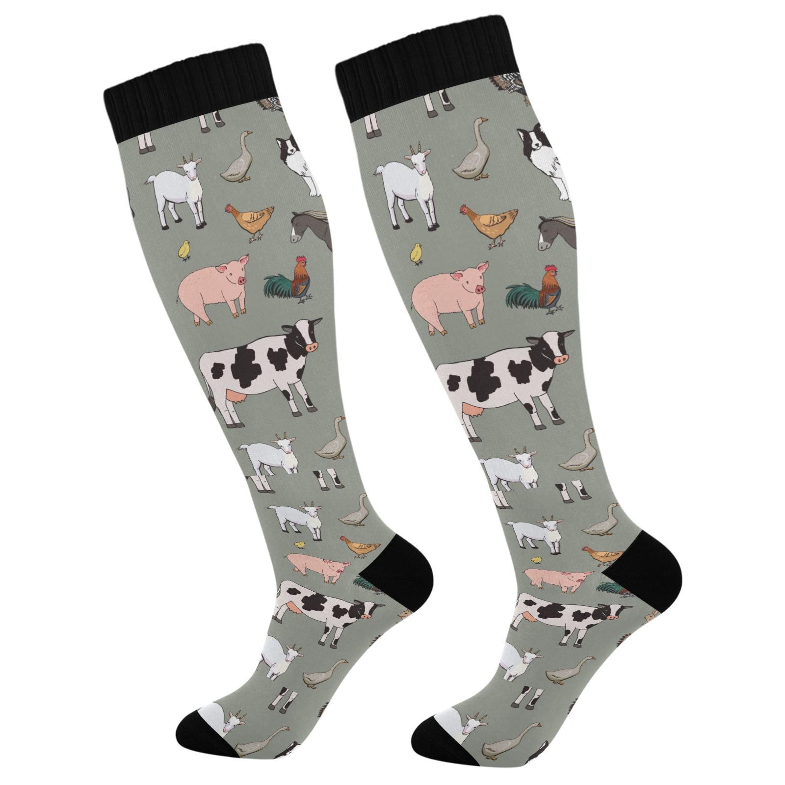 Ksajwzf Compression Socks for Men and Women Horse Cow Sheep Goat Knee High Socks Support Grey Animal for Athletic Sport Running Hiking Fitness