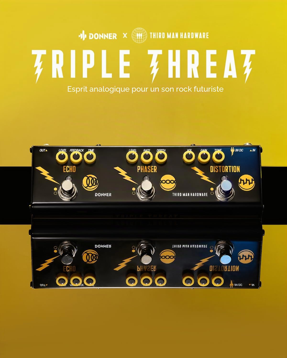 Donner X Third Man Hardware Pédale Multi-effet, Triple Threat 3-en-1 Pédale De Guitare Analogique Distorsion Phaser Pédale Echo Avec Adaptateur Pour Guitare éLectrique