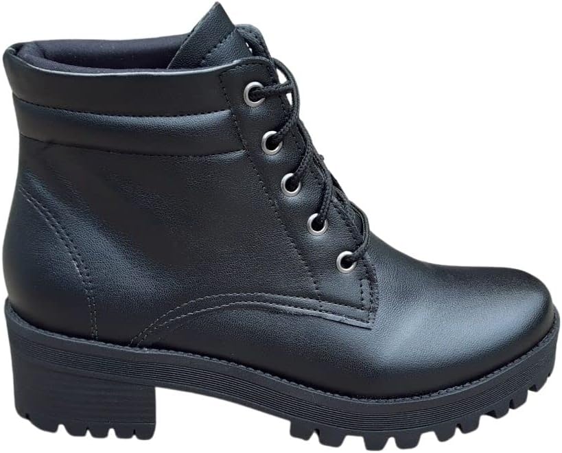 Bota Feminina Coturno Botinha Preta Cano Baixo Salto Médio Tratorada