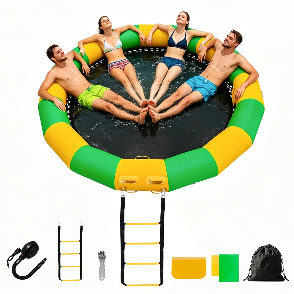 Heipigo 10FT Inflatable Water Hammock Round Floating Dock for Adults, Round Floating Hammock with Bounce Mesh Supports 3-5 Persons, Ring Pool Hammock Platform for Pool Lake River Ocean Island
