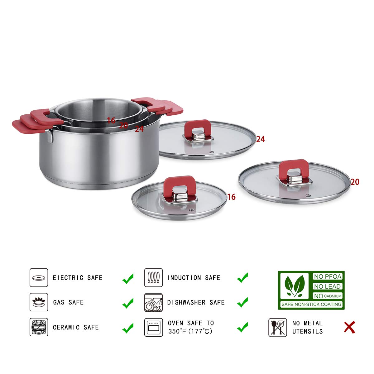 Amazon Basics Batterie de Cuisine à Induction 3 Pièces en Acier Inoxydable - avec Couvercle Empilable, Poignée au Toucher Doux - 16/20/24 cm
