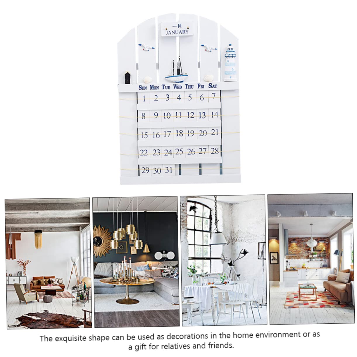 SHINEOFI Calendario Perpetuo y Fácil Cambio de Mes Estilo Mediterráneo de Madera Calendario de Pared Blanco Diseño Único para Decoracion Verano