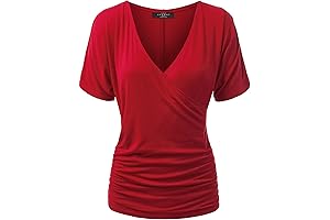 Women's V Neck Short Sleeve Red Wrap Top
