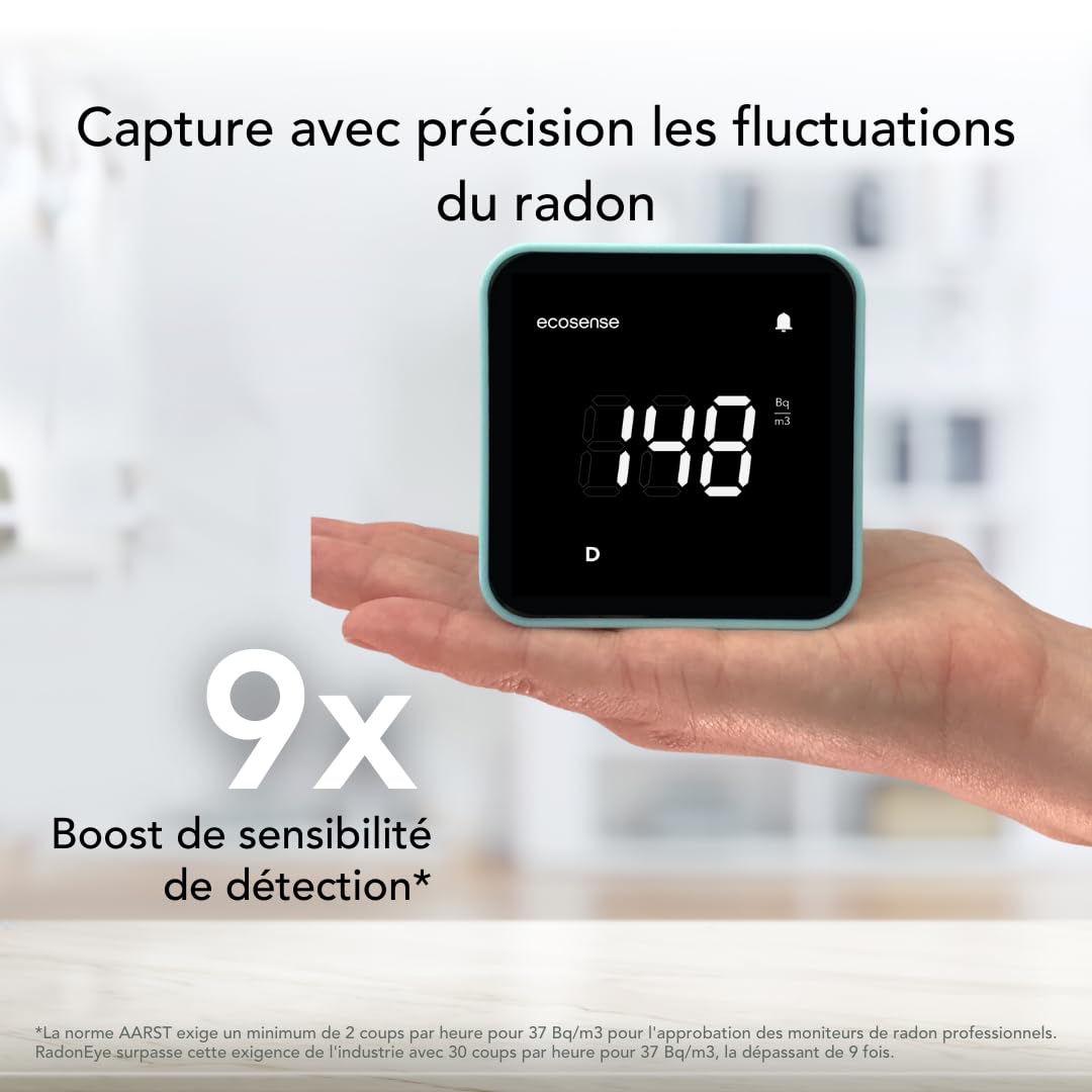 Ecosense EB100 EcoBlu, Détecteur de radon domestique, capture et affichage des résultats toutes les 10 minutes, surveillance continue à court et long terme, facile à utiliser