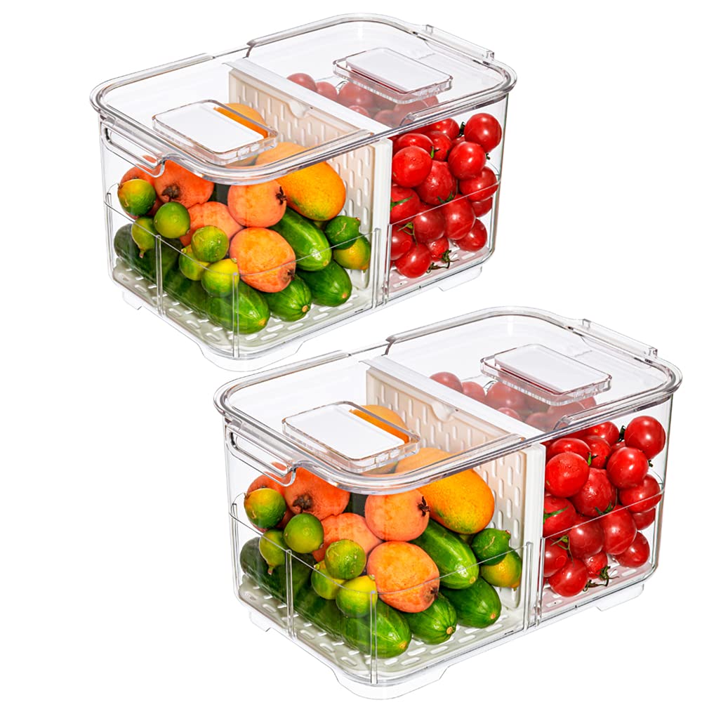 blitzlabsFridge Food Storage Container, Fresh Produce Saver Organizer Keeper Bins Baskets with Lids and Removable Drain Tray for Refrigerator Freezer Cabinet Kitchen Organization 2800ML, Set of 2