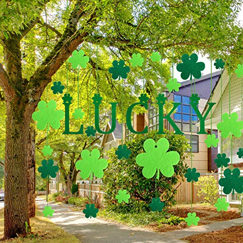 Tatuo 35 Pieces St. Patrick's Day Felt Shamrock Lucky Hanging Ornaments St. Patrick's Lawn Hanging Decorations with 33 Yard Green Ribbon for St. Patrick's Day Indoor Outdoor Spring Holiday Decoration