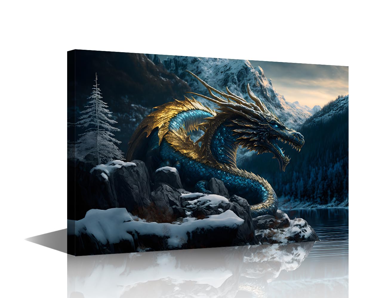 TISHIRON Fantasy Dragon Pictures for Living Room Snowy Mountain Wall Art Prints on Canvas Blue Gold Dragon Painting Modern Artwork Bedroom Office Bathroom Decor Ready to Hang, 24x16in โ image 1