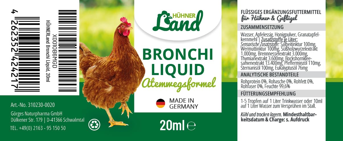 HÜHNER Land Inverno Bronchi Liquid 20 ml per polli I Supporto delle vie respiratorie, per raffreddore di pollo e raffreddore per il pollo I per migliorare naturalmente l'assorbimento del cibo