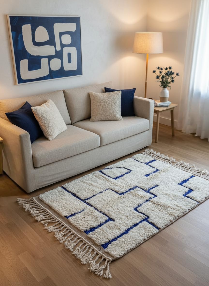 Tapis berbère Azilal marocain en Laine – 100x150 cm – Fait Main – Tapis de Salon, Chambre ou Bureau – Déco Ethnique Chic