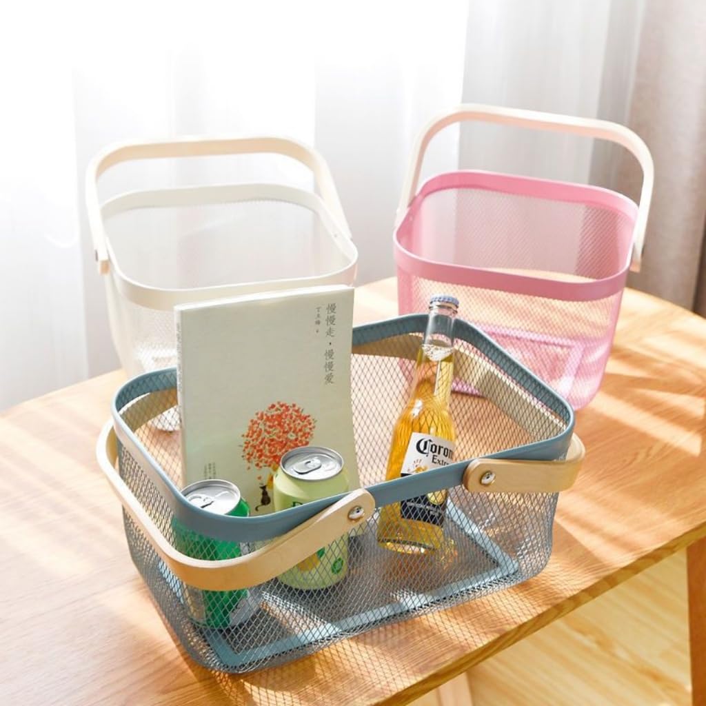 Cesto portaoggetti in rete metallica, portatile, da giardino, per la raccolta e la frutta, con manico in legno, ideale per cucina, picnic, dispense, armadietti, decorazioni per la casa (rosa,