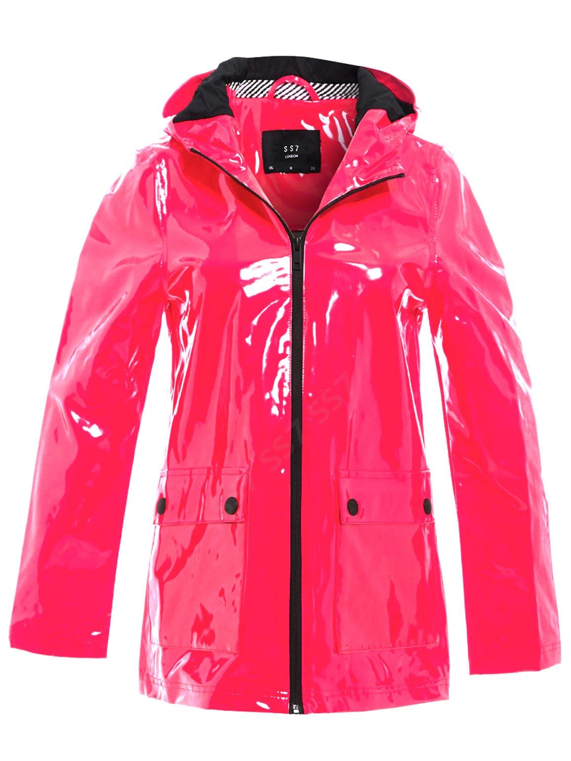 SS7 Womens Rain Mac Waterproof Vinyl Patent Raincoat Jacket Neon Pink
