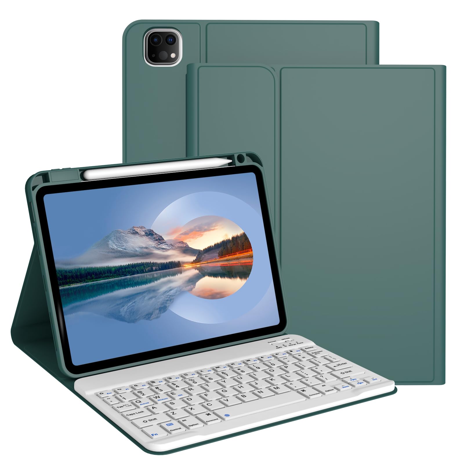 Divufus Keyboard Case for iPad Pro 11 Inch (M4) 2024 [Magnetic Detachable Wireless Keyboard][Support 3 System] Flip Stand Case with Pencil Holder for iPad 11” Pro 2024 (M4), Dark Green
