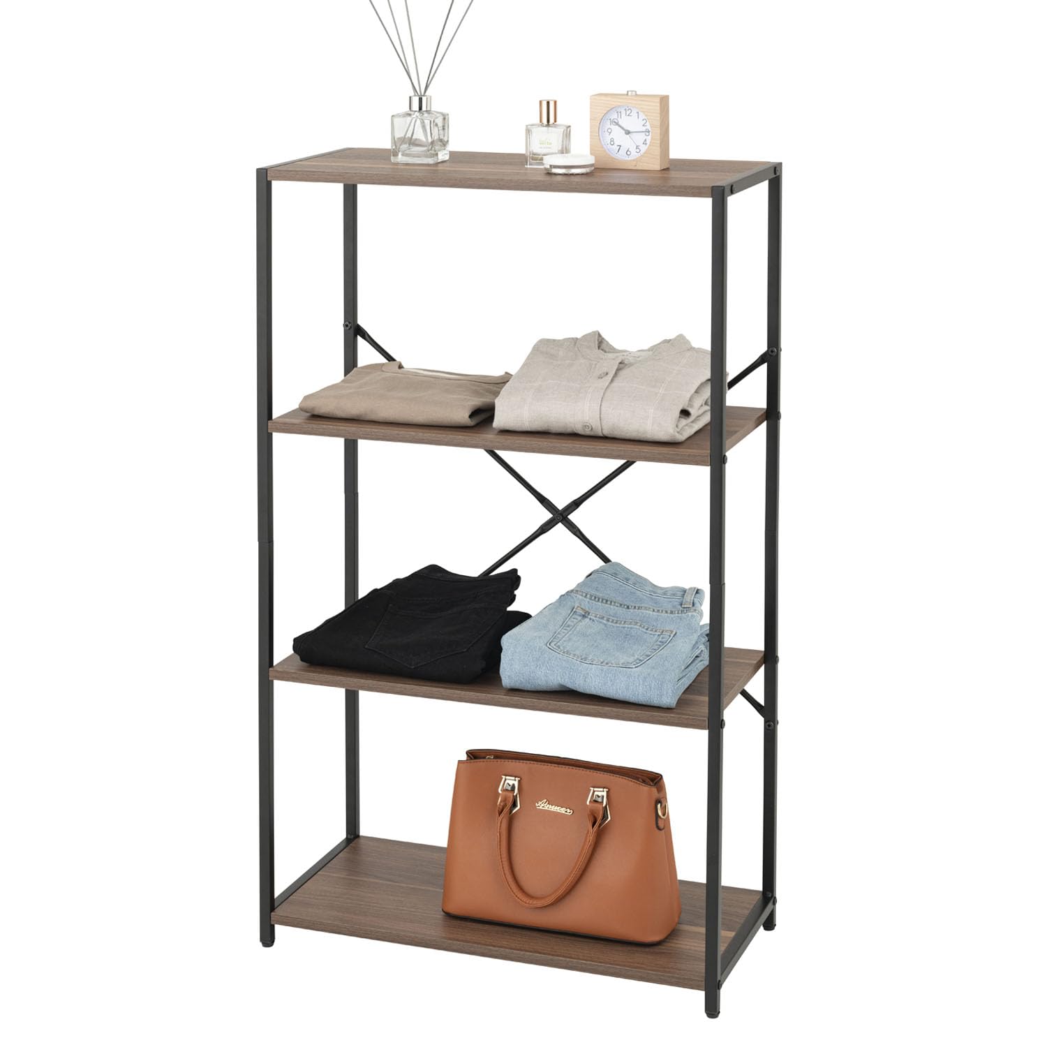 ドウシシャ すっきり収納 フリーラック ブラウン 4段 木目×スチール 幅63.5 × 奥行30 × 高さ105.5cm SS65-4BR オープンシェルフ 北欧風デザイン 省スペース収納棚 リビング・キッチン・玄関に最適 組み立て簡単