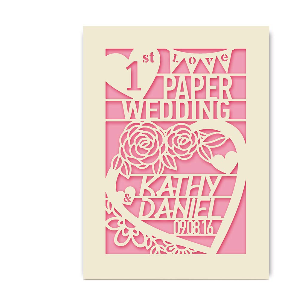 Personalised Wedding Anniversary Card | Laser Paper Cut Greeting Cards with Envelopes Customized Names and Date | Custom Gift Hand Finished in UK(Pink)