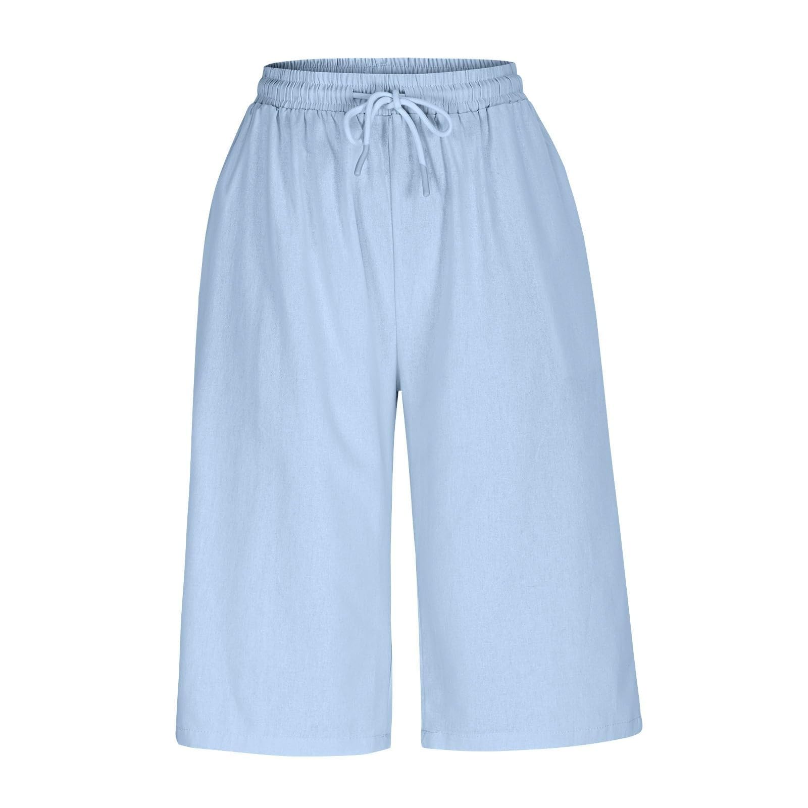 Women's Casual Linen Pants High Waisted Elastic Drawstring Lightweight Loose Wide Leg Cropped Trousers (Light Blue, XL)