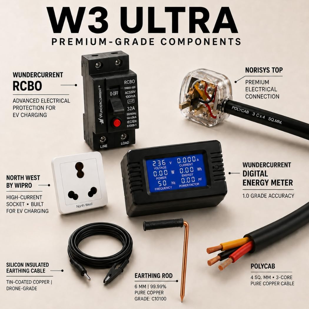 WunderCurrent® W3 Ultra EV Charger with 20 Metres of 4 Sq Mm 3-Core Cable 6-in-1 Digital Energy Metre External Earthing Mechanism — Amazon image 8