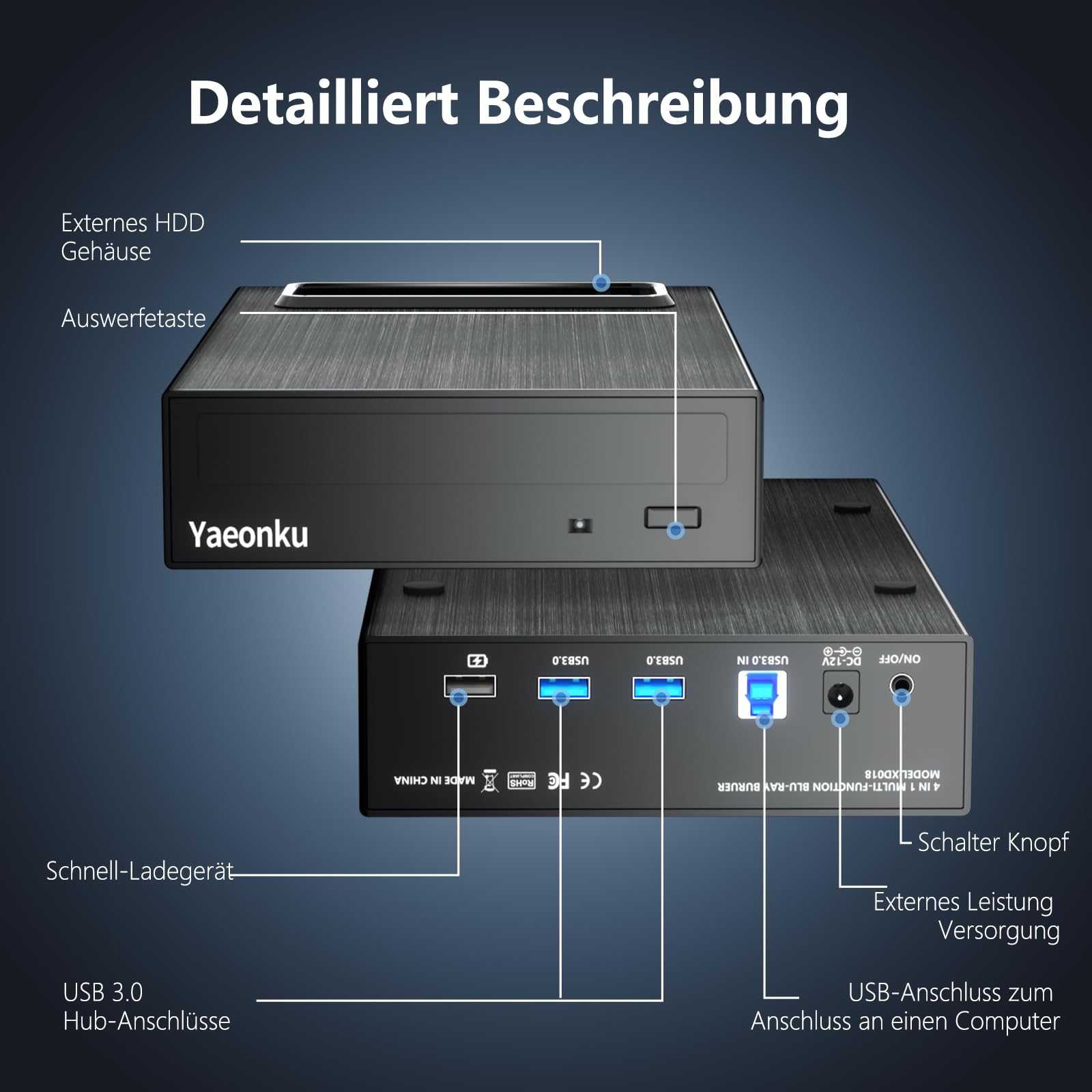 Yaeonku 4-in-1 Externes Blu ray Laufwerk, 16X USB 3.0 und Typ-C Leistungsstarke Desktop Externes Bluray Laufwerk Brenner DVD Brenner Optisches Laufwerk Ladegerät HDD Gehäuse USB HUB für Mac/PC
