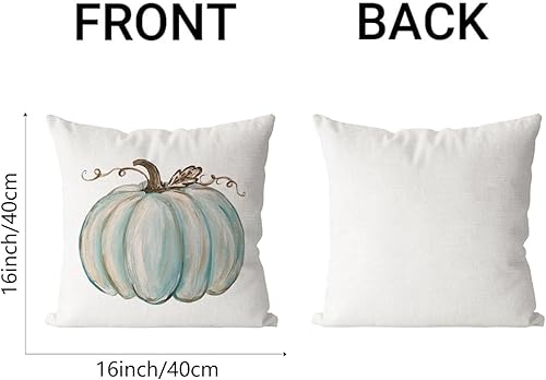 Miniatura 5 de Juego de 2 fundas de almohada decorativas de otoño de 16 x 16 pulgadas, fundas de cojín de calabaza azul claro, lino sintético, granja, Acción de