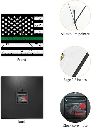 Miniatura 2 de Reloj de pared de madera con bandera de línea verde fina, silencioso, sin tictac, bandera estadounidense, rayas verdes, reloj de pared cuadrado,