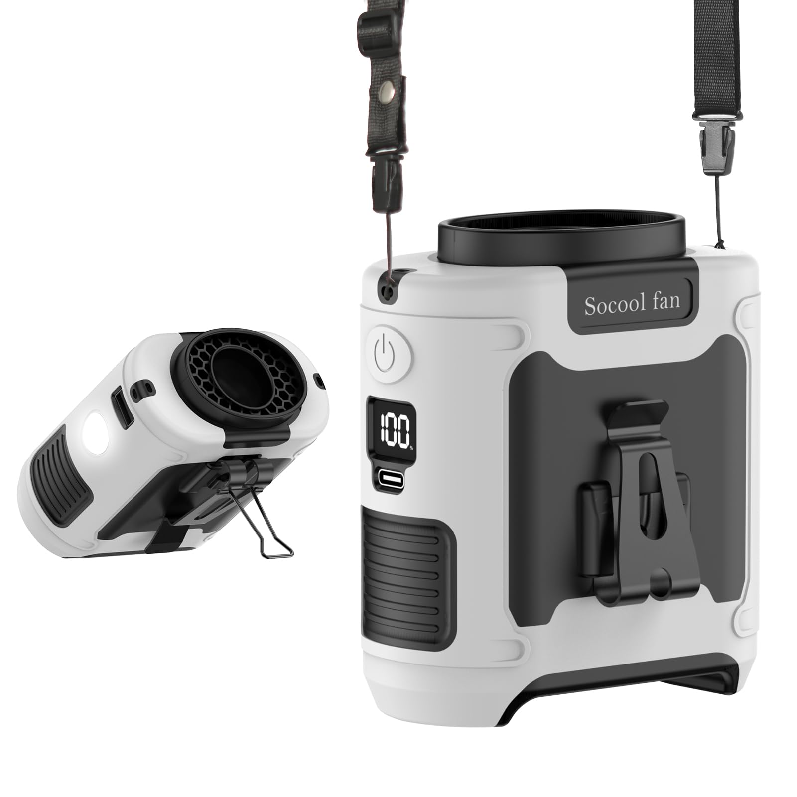 Socool 10000mAh Portable Waist Fan Clip on Wearable Belt Personal Fan Rechargeable Battery operated With 5 Speeds & Flashlight Neck Fan Hands-Free 40H Cooling For Outdoor Camping Travel (White)