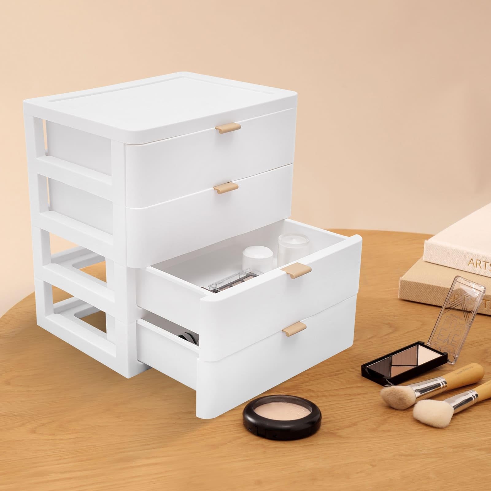 Boîte de Rangement de Bureau en Plastique, Organisateur de Bureau avec Tiroir, Gain de l'espace, Pour ranger livres, bijoux, cosmétiques, collations, articles divers, Blanc (4 tiroirs)