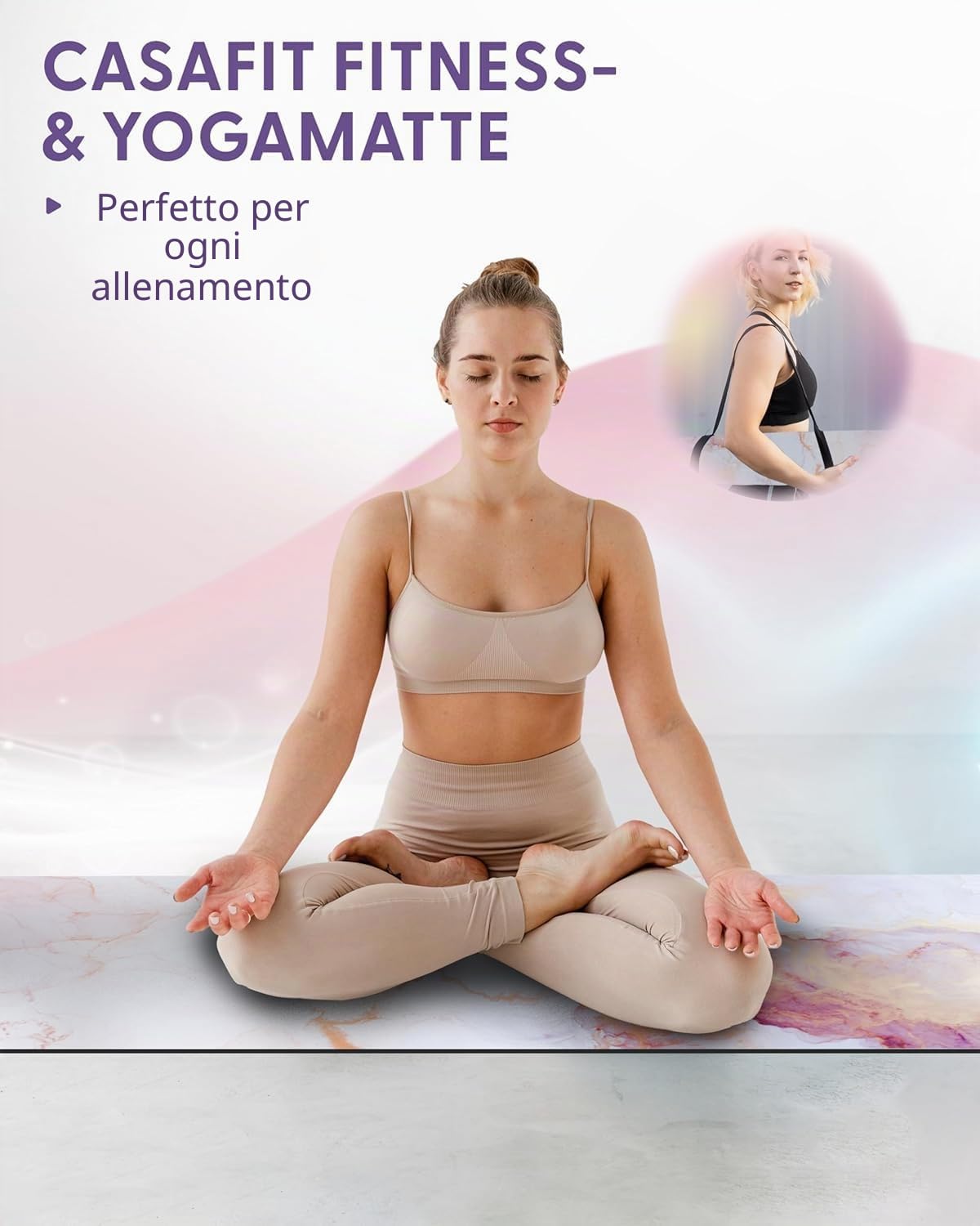 Tappetino fitness in gomma naturale ecologica e antiscivolo con design e tracolla – Tappetino da ginnastica 183 cm x 68 cm x 4 mm