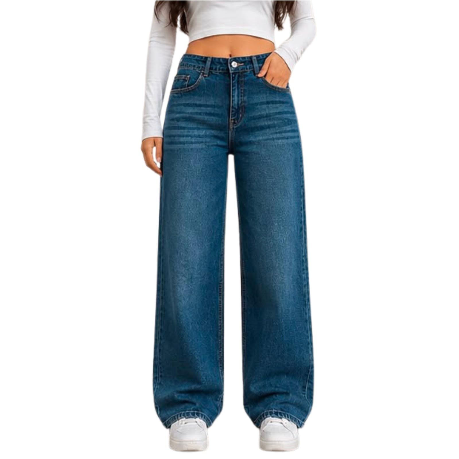 Women's High Waist Wide Leg Denim Jeans – Trendy Blue Baggy Fit Stretchable Jeans-picture-46